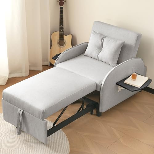 boorbin Sofá cama individual extensible multifuncional, reclinable y sillón, sofá cama triple ajustable para habitaciones pequeñas, con mesas de té plegables (gris, 123 x 167 x 78 cm)