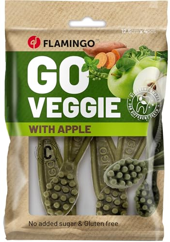 Flamingo Leckerli Hund – Veggie Zahnbürste mit Apfel – 160g – glutenfrei – kalorienarm – Zahnpflege Snack