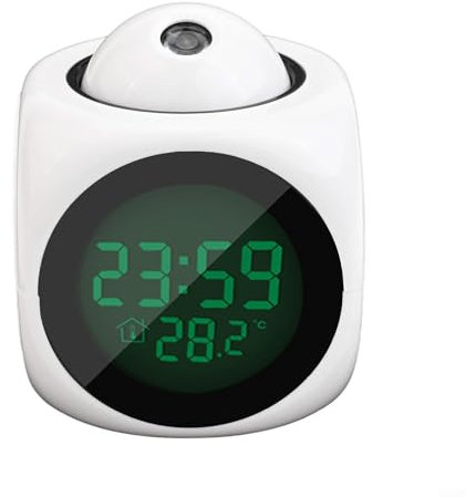 Réveil à projecteur LED, affichage numérique multifonctionnel de la température, horloge de projection vocale pour chambre à coucher, plafond, cuisine, bureau, étagère, mur (blanc)