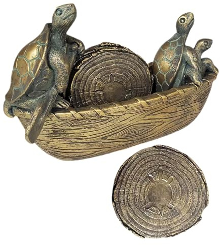 Niwhydi Turtle Coasters Set of 5 Rustic Coasters in Handmade Canoe Turtle Log Cabin Decor for The Home Drink Round Table Coffee Mug Wine Beer Bar Decorative Bronze
