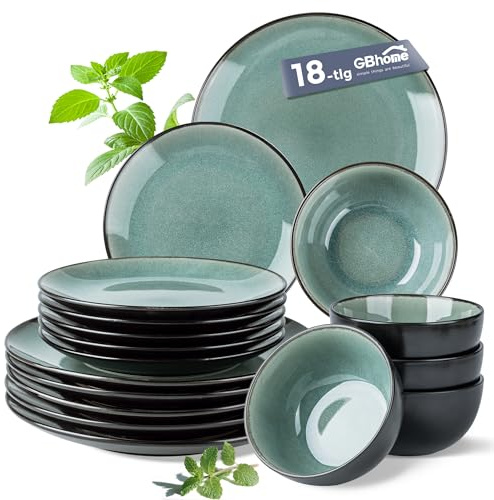 GBhome Steingut Geschirrset 6 Personen, 18-tlg Reaktive Glasur Handarbeit Steingut Geschirr Set, Mikrowellen- & Spülmaschinenfest Schüssel- und Teller Set,Petrol