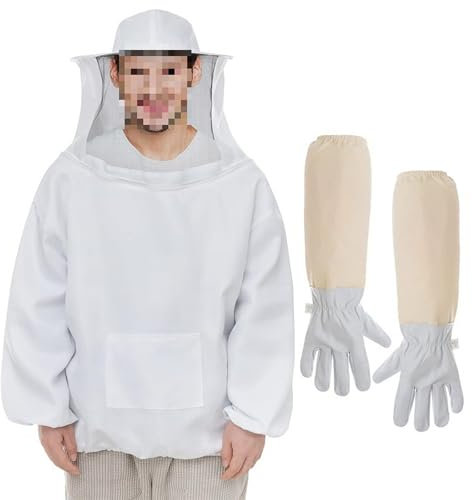 ERMWALR Imker-Schutzanzug mit Kapuze und Maske stichfeste professionelle Imkerbekleidung, Schutzanzug für Imker und Bienenhalter inklusive Imkerhandschuhe aus Schafsleder (L)