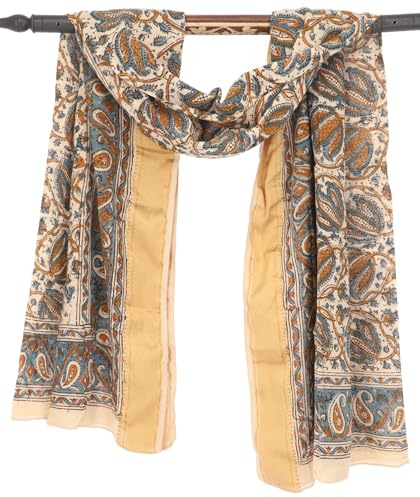 GURU SHOP Leichter Pareo Schal, Sarong, Handbedrucktes Baumwolltuch, Lungi mit Webbordüre - Blau/beige, Herren/Damen, 190x120 cm