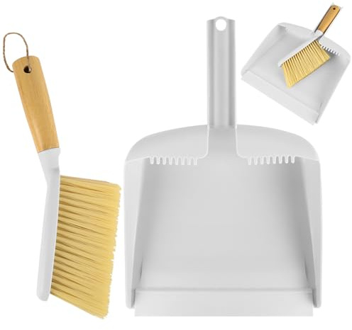 NUTKIT Handfeger Und Schaufel, 2 in 1 Schaufel und Besen Set, Tragbare Kehrschaufel und Bürste mit Bambusgriff, Kehrset Handfeger und Kehrblech für Haus, Büro, Küche, Sauberkeit in den Ecken(Weiß)