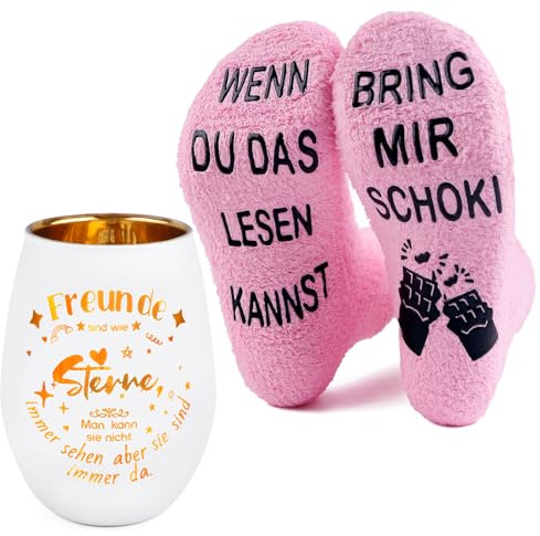 elillpipi Geschenkset für Freunde – Windlicht mit Spruch „Freunde sind wie Sterne“ & Kuschelsocken „Bring Mir Schoki“, Freundschaftsgeschenk Frauen Geburtstag Weihnachten
