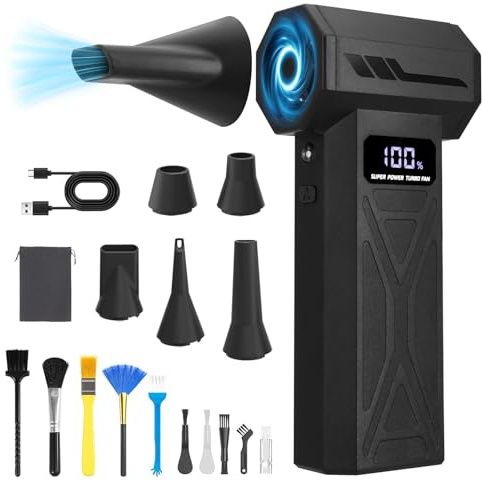 Mini Souffleur Sans Fil 110000 tr/min 4000mAh USB-C LED 4 Vitesses | 5 Buses + 10 Brosses Incluses, Batterie 4000mAh jusqu'à 60 min, Charge Rapide 2,5h, pour PC, Voiture, Clavier, Feuilles