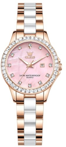 OLEVS Damen-Diamantuhr Elegante Luxus-Armbanduhr Damenuhr aus Roségold mit Keramikglas