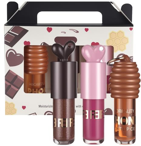 Juego de 3 brillos labiales Bunny, chocolate, rosa, miel, aceite de labios tintado para un acabado brillante, llavero de aceite de labios de miel para el cuidado de labios y labios secos