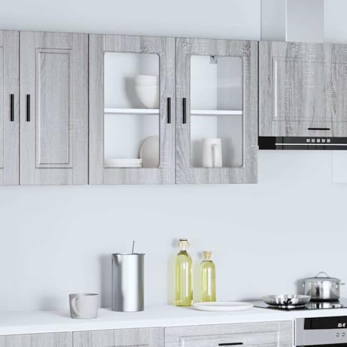 Qnhdfrt Porto Grey Sonoma Kitchen Wall Cabinet with Glass Door 80 x 31 x 60 cm Engineered Wood Floating Pantry Cupboard for Kitchen Dining Utility Bathroom