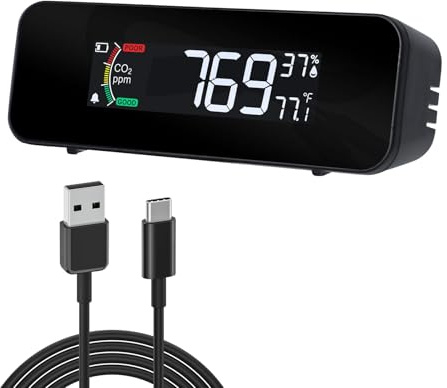 Kohlendioxid (CO2)-Monitor für Innenräume mit Temperatur- und Feuchtigkeitssensor, 5000 ppm Messbereich, NDIR-Technologie, wiederaufladbar, 3-Farben-Indikator für Zuhause, Büro, Schule