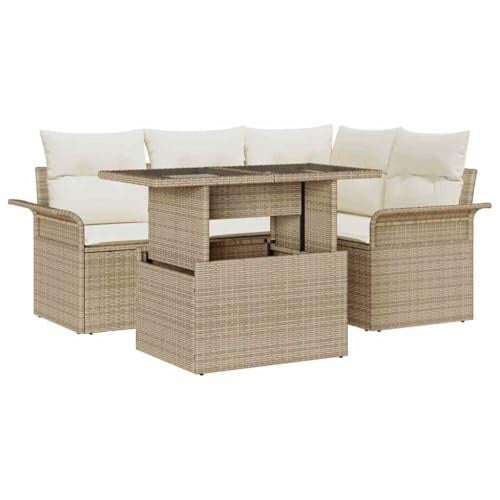Owoxanthellate 5-Teiliges Modulares Gartensofa Beige 55x62x69 cm aus robustem Poly-Rattan Glas-Tisch Modernes Design wetterfest für Balkon Terrasse kleine Gartenlounge außen