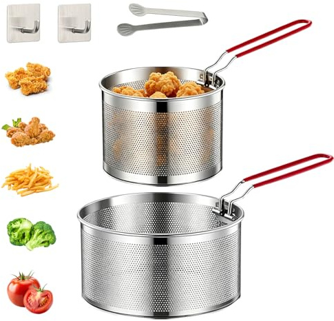 2PCS Pasta Strainer with Removable Handle(7.19in-7.87in) | Stainless Steel Pasta Basket for Kitchen with 2 Hooks and A Clip, Chip Basket for Washing Deep-Frying Boiling Steaming