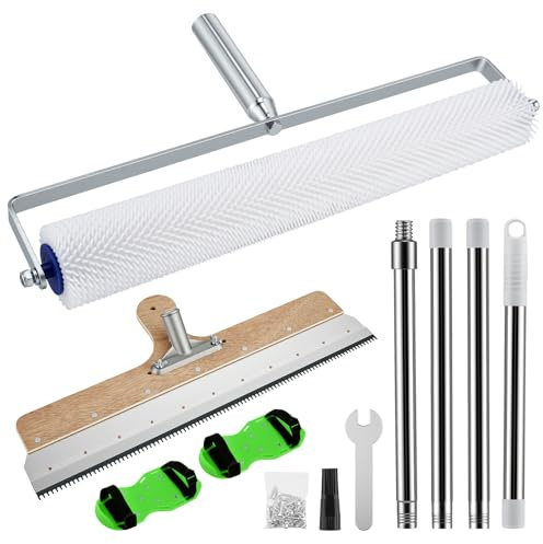 Self-Levelling Cement Tool Kit with 56cm Stainless Steel Scraper Self-Leveling Rake Spiked Roller Self Levelling 172cm Removable Extension Pole Spiked Shoes Epoxy Floor Paint Tools Construction Roller