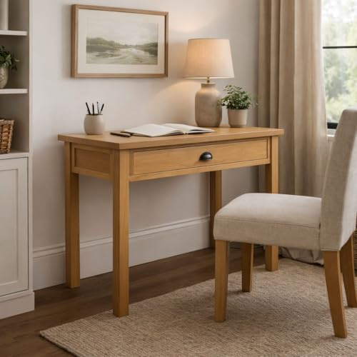 Oakcroft Laptop Desk – Rustic Solid Wood Compact Writing Desk with Cup Handle – 90cm Home Office Table – Country Rustic Style