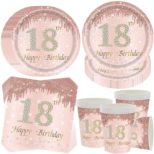 OMZSXK 18 Geburtstag Mädchen Partygeschirr,Roségold 18. Geburtstag Partyteller Geburtstaggeschirr,Rosa 18th Happy Birthday Pappteller Becher Servietten für 16 Gäste Mädchen Frau Frauen