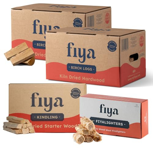 2 Boxes Birch Firewood Logs, 1 Box Kindling Wood & 1 Box Firelighters | Fiya Midi Bundle | Complete Fire Starter Kit | Firewood for Pizza Ovens, Fire Pits & Camping Stoves | Ready-to-Use Bundle