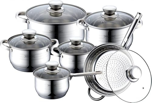 Set Pentole Acciaio Inox 12 Pezzi con Coperchi in Vetro – Batterie di Pentole Induzione Compatibili, Fondo Multistrato, Antiaderenza Naturale, Lavabili in Lavastoviglie