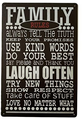 Vintage Family Rules Retro Metal Tin Sign/Plaque for Kitchen Bedroom Lounge Garden Conservatory Wall/Door (30 x 20 cm) 024 - UK Company