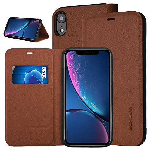 TECHGEAR Slim Leather Case for iPhone XR, Premium Protective Flip Cover with Card Slot and Stand, Brown PU Leather Compatible with Apple iPhone XR 6.1