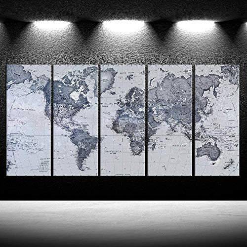 iKNOW FOTO 5 Stück Vintage Weltkarte Leinwand Drucke Push Pin Wandkunst Dekor Spuren Reise Markierungen Die Karte der Welt Antik Gerahmtes Bild für Wohnzimmer Büro 40,6 x 101,6 x 12,7 cm