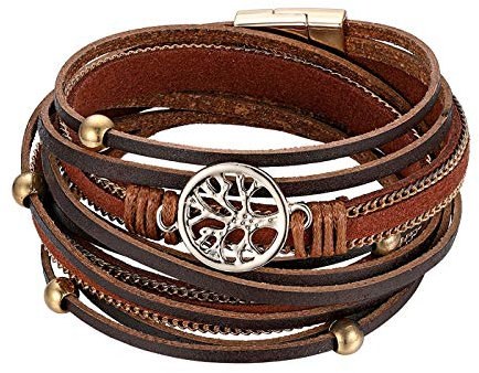 Cupimatch Bracelet Arbre de Vie Multicouche Style Bohémien avec Boucle Magnétique,Bracelet Manchette Tressé en Cuir pour Femme et Fille - Quatre styles(Brun)