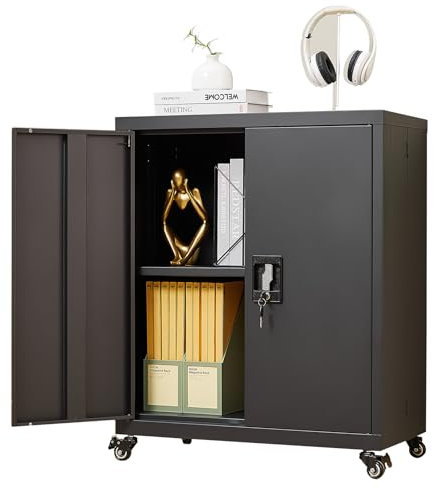 GREATMEET Metall-Aufbewahrungsschrank mit Rollen, schwarzer Thekenschrank aus Stahl mit 1 verstellbaren Regalen, Garagen-Werkzeugschrank mit Türen für Büro oder Zuhause (66 cm L x 35 cm B x 80 cm H)