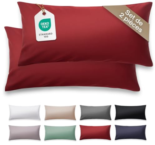 Blumtal Mako Satin Kissenbezug 40 x 80 Baumwolle Rot - 2er Set Kissenbezüge aus 100% Baumwolle - edle Glanzoptik & Reißverschluss - Satin Kissenbezug für Kopfkissen 40x80 & Sofakissen
