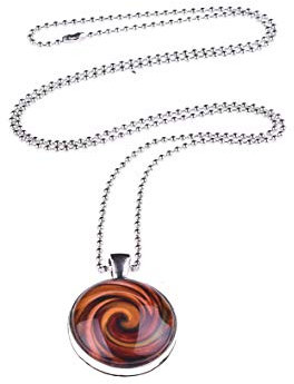 Adi Modeschmuck Kette 'Sabrina', 70cm lange Kugelkette mit einem zweiseitigen 25mm Anhänger mit farbigen Motiven unter Glas Cabochons, handgearbeitet in Berlin (Braun)