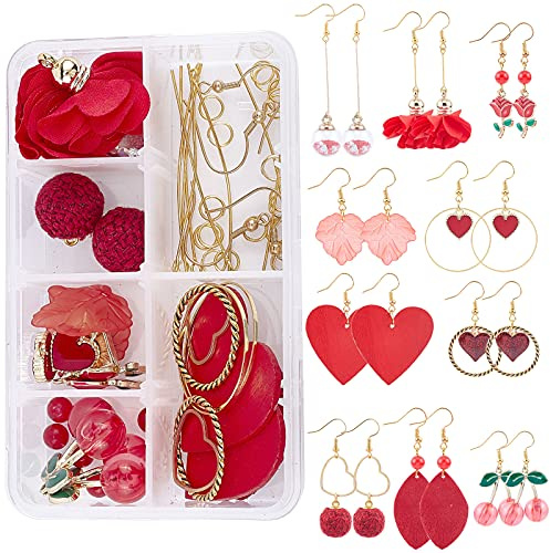SUNNYCLUE 1 Box DIY 10 Paar Valentinstag Ohrring-Kits Rote Blume Kirsche Charms Runde Stoff Stoff Herz Leder Anhänger Mit Ohrringhaken Für Handgefertigte Ohrringe Anfänger