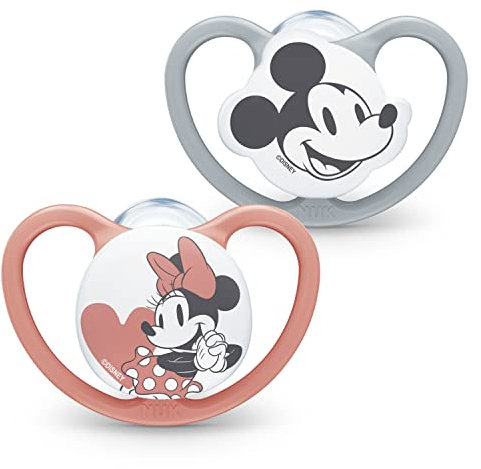 NUK Space Schnuller | 0–6 Monate | Schnuller mit extra Belüftung | BPA-freies Silikon | Disney Mickey Maus | grau und rosa | 2 Stück