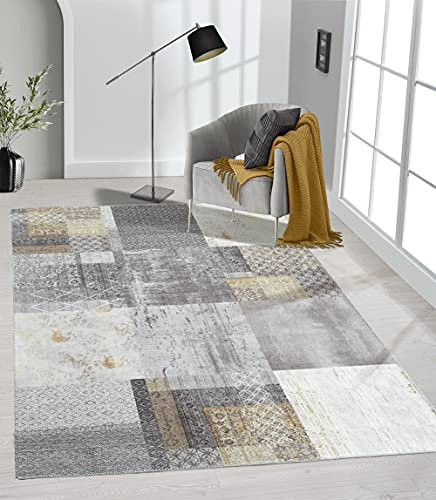 the carpet Elira Teppich Flachgewebe, Robust, Modernes Design, Vintage Optik, Used Look, Superflach, Baumwolle, waschbar, Patchwork, Grau, ca. 80 x 150 cm