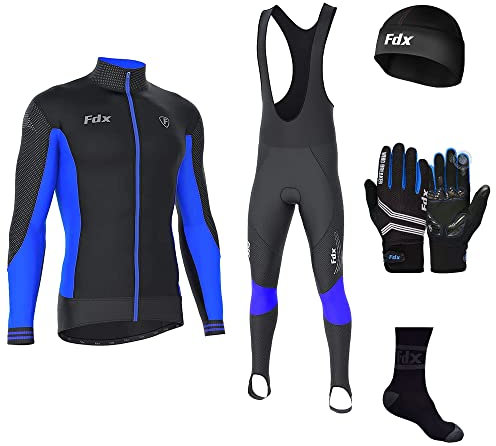FDX Men's Winter Cycling Suit with Gloves, Cap, Socks - Italian Thermal Roubaix Windproof Thermodream Cycle Clothing Set - Long Sleeve Jersey, 3D Padded Bib Tight for Bicycle Outdoor Riding(Blue-2XL)