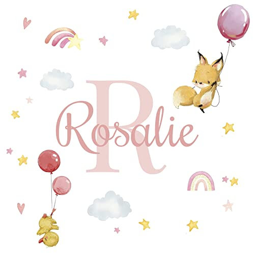 yabaduu Wandsticker personalisiert Sticker Aquarell Tiere mit Name Wandtattoo für Kinderzimmer Babyzimmer Spielzimmer Mädchen Junge Y037 (Nr. 11 Fuchs Küken Regenbogen, Mit Wunschname)