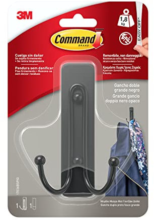 Command Large Double Hook, Matte Black - 1 Hook, 1 Adhesive Strip - Hanger for Bags, Clothes and Other Accessories for Wall or Door - No Holes - Holds up to 1.8 kg