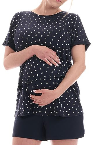 Herzmutter Ensemble de Pyjama d'allaitement Court - Pyjama de Maternité avec Motif Dentelle - pour Femme Enceinte - Haut d'allaitement et Pantalon pour la Grossesse - 2650 (S, Bleu)