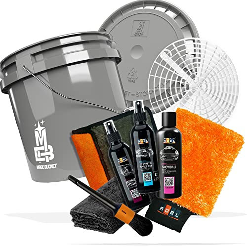 10 teiliges Autowasch Bundle – ADBL Synthetic Spray Wax, Snowball Auto Shampoo, Vampire Liquid, Waschhandschuh, Trockentuch, Pinsel, Magic Bucket 3,5GAL & Deckel grau, Grit Guard, detailmate Tuch