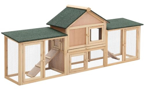 PawHut Hasenstall Kaninchenstall Bitumendach 210 x 45,5 x 84,5 cm Natur | winterfest Kaninchenkäfig, Freilaufgehege, Rampe, Türen, für Zwergkaninchen, Meerschweinchen, Outdoor, aus Holz