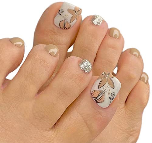 Lot de 24 faux ongles courts à bout carré - Fleurs marron clair - À presser - Pour salon de manucure et femme