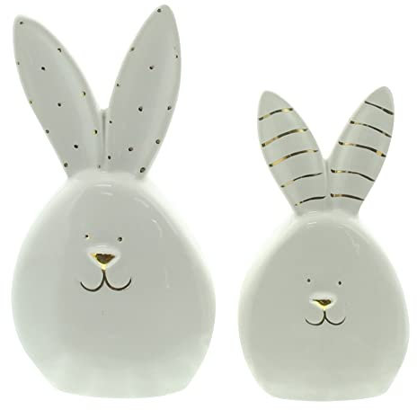FRANK FLECHTWAREN Hase Goldmuster im 2er Set, Dekofigur Porzellan weiß lackiert, dezente Goldakzente Höhe 12 cm, 15 cm