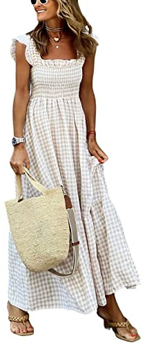 chouyatou Women's Retro Plaid Smocked Dress Spaghetti Strap Flounce Long Dress (Small, Khaki)