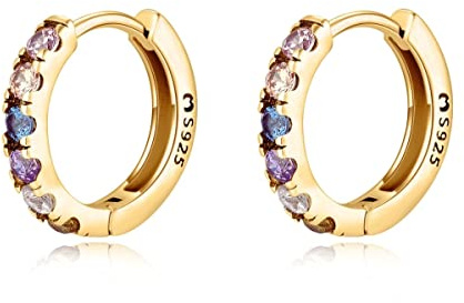 Pendientes aro de plata mujer. Aretes con circonitas de colores. Pendientes mujer plata acabados en plata de ley u oro de 18K ideal para regalo del día de la madre, aniversario... Joyeria mujer