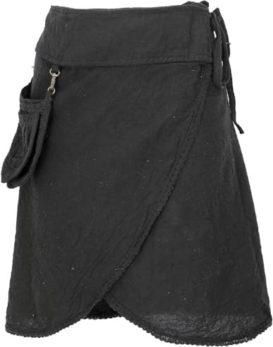 GURU SHOP Pixi Festival Boho Minirock, Natürlicher Ethno Wickelrock mit Tasche, Spitze - Schwarz, Damen, Baumwolle
