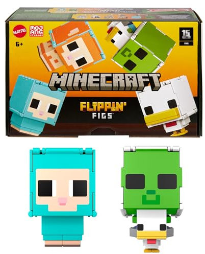 Minecraft Flippin’ Figs Sheep & Chicken Figures 2-Pack with 2-in-1 Fidget Play, Large Heads & Pixelated Design, HXK17