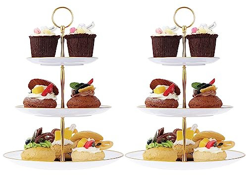 HonGien 2 Pack 3-Tier Cake Stand, Cake Display Stand,Afternoon Tea Cake Stand,Fruit Dessert Serving Tray Stands for Birthday,Party,Wedding (Gold Rimmed Model White)