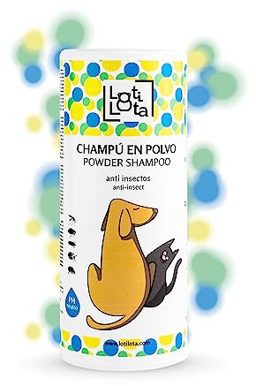 LOTI LOTA Champú en Polvo Anti-Insectos PERROS y GATOS - 250 gr. - Máxima Proteción y Limpieza en SECO - pH Adaptado - Elimina el mal OLOR - Todas las Etapas de Vida
