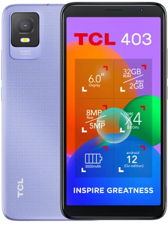 TCL 403 SMARTPHONE, 32GB plus 2GB RAM, 6.0 inches DISPLAY 3000 mAh - LAVENDER PURPLE (Renewed)