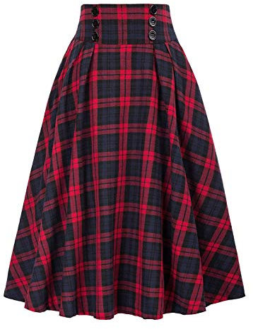 Frauen Karierter Rock Vintage A Linie Hohe Taille Faltenrock Kariert Midirock Lang Vintage Elegant Plaid Röcke Casual Rock Midi Rock Retro Vintage Rockabilly Knielang Festliche Röck (Red-a, L)
