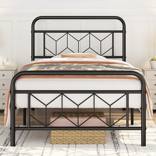 Yaheetech Struttura Letto Singolo in Ferro Battuto a Doghe Testiera a Rombi 90 x 190 cm in Metallo Camera Nero