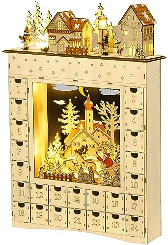 HOMCOM Calendrier de l'Avent LED en forme de village enneigé avec 24 tiroirs décoration lumineuse de Noël - beige