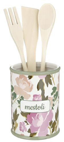 Baroni Home Porte-Louches en Céramique Décoré, Porte Outils de Cuisine avec 3 Louches en Bois, Porte-Couverts de Rangement Ligne Rose Peint à la Main, 11x11x25 cm